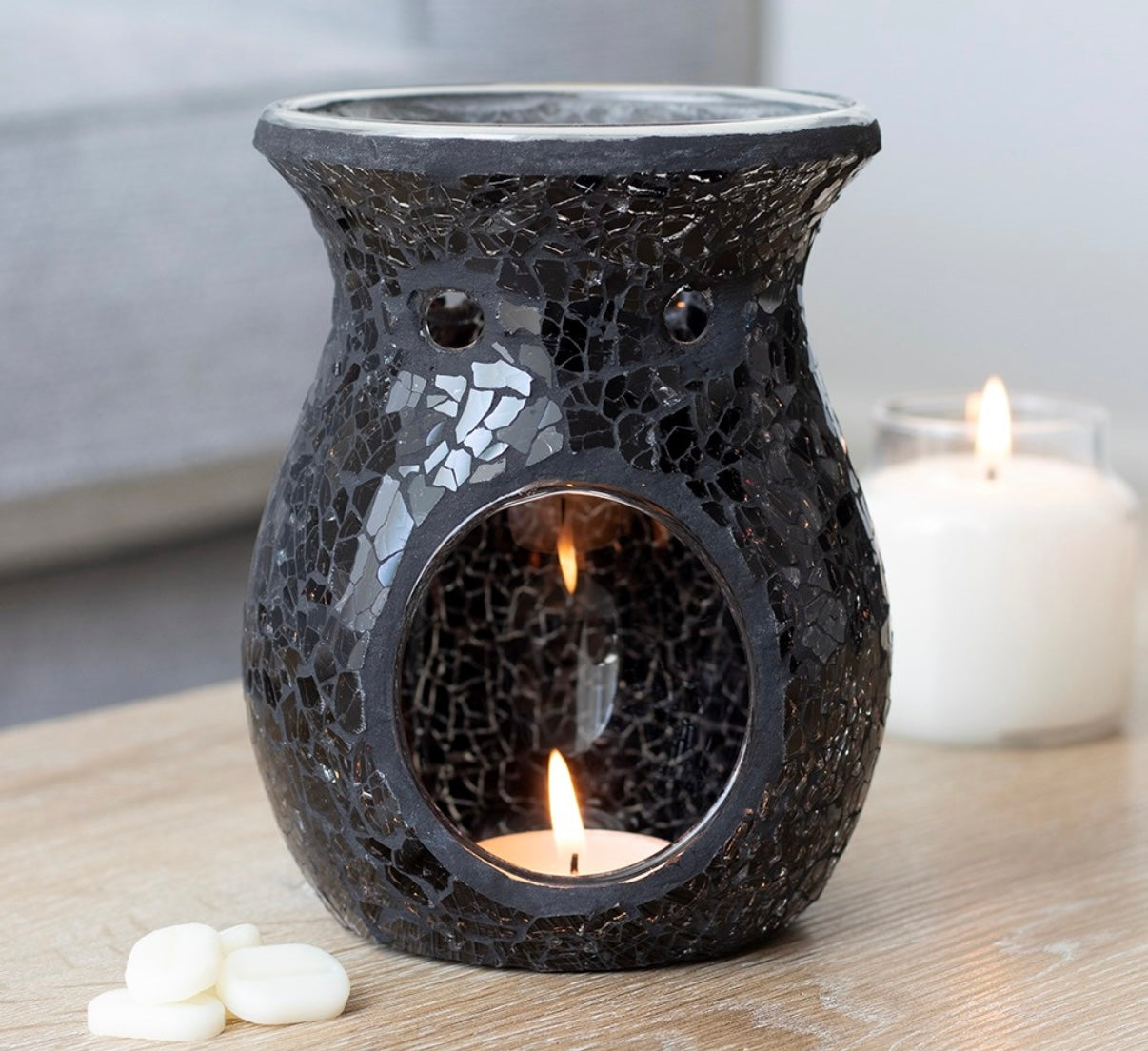 LARGE BLACK CRACKLE OIL BURNER & WAX WARMER