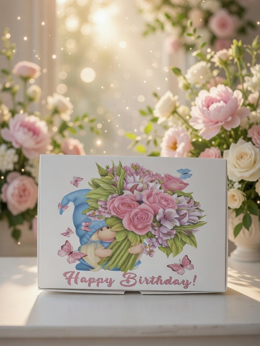 Gonk with bouquet Happy Birthday gift box - 12 melts.