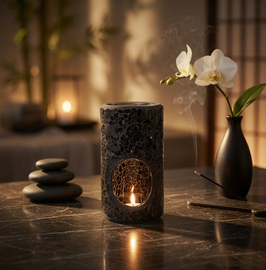 BLACK CRACKLE PILLAR OIL BURNER & WAX WARMER